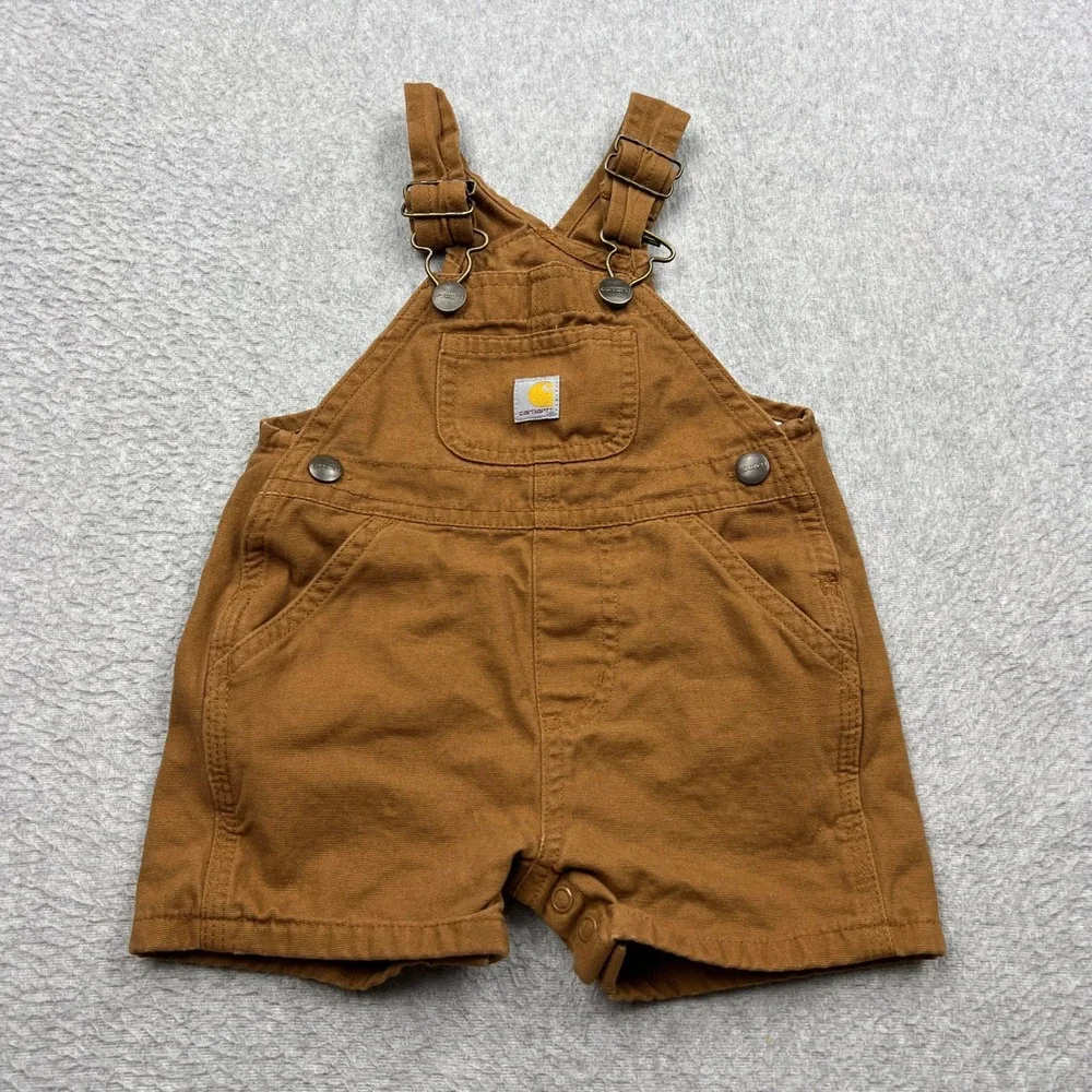 Carhartt Shortalls Kids 6M Brown Canvas Adjustable Straps Snap Baby Overalls